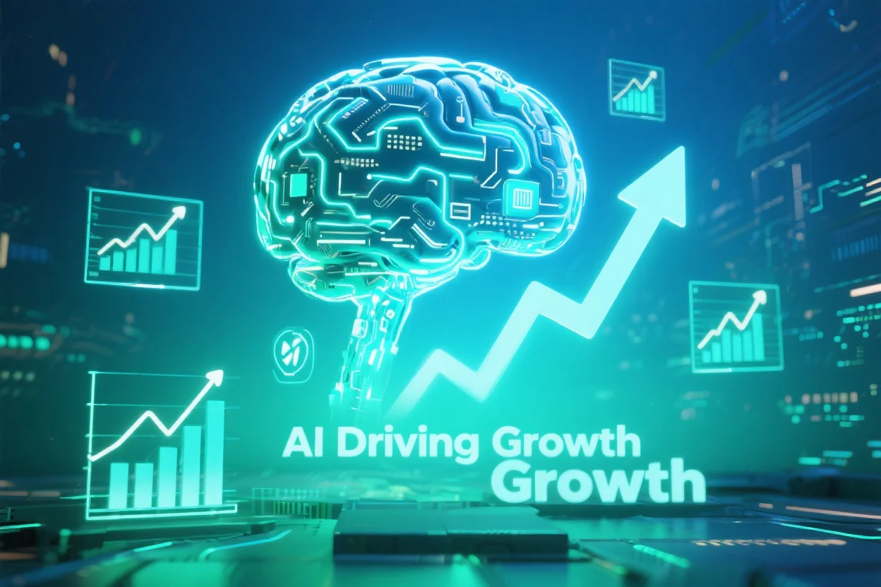 Abstract AI concept showing data streams and neural network connections leading to a growing chart, symbolizing business growth.