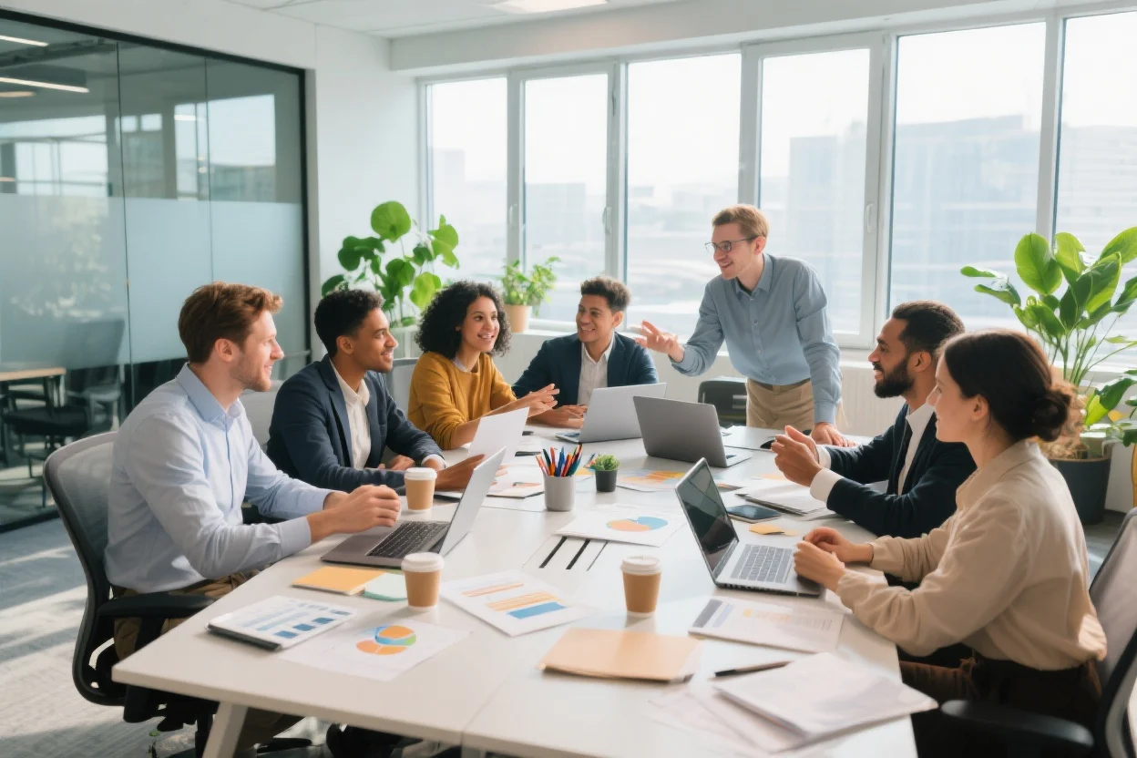 A diverse team of professionals collaborating around a large digital screen displaying complex data visualizations and AI models in a modern, bright office.